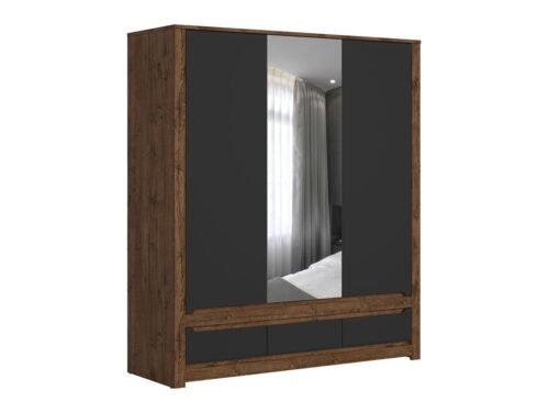 Three-door wardrobe with mirror front and three drawers RUSO 178.5 cm, ash oak/matte black