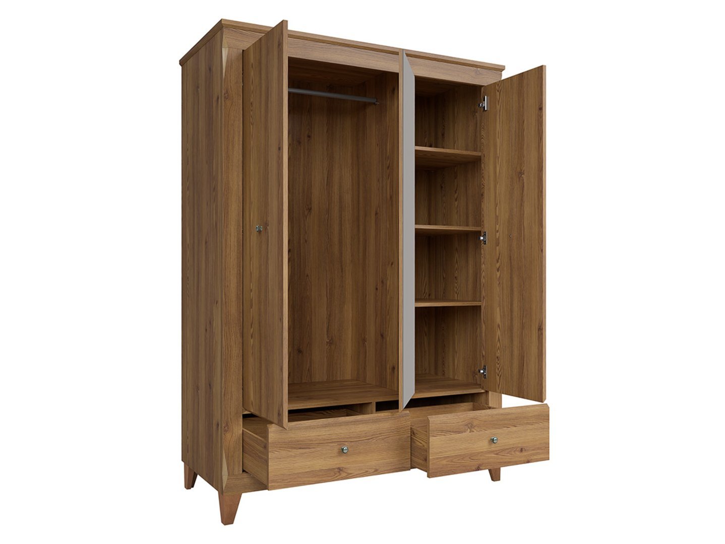 BERGEN three-door wardrobe with mirror and two drawers, 144 cm, golden Sibiu larch color - Image 7