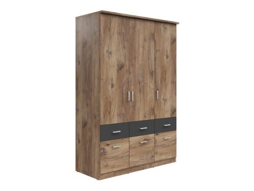 BRANDO 3 three-door wardrobe with six drawers, dark oak flag color/textile/graphite