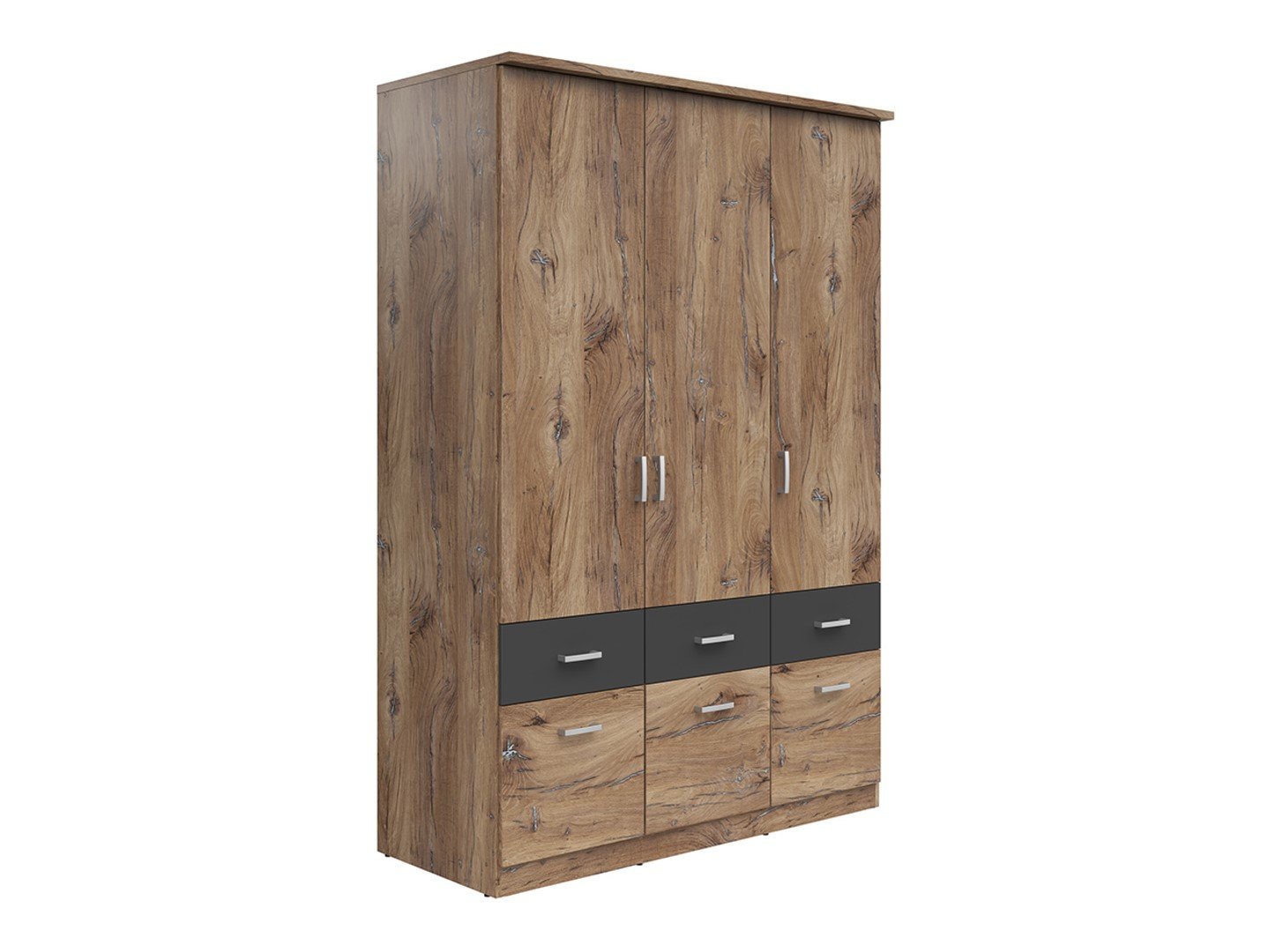 BRANDO 3 three-door wardrobe with six drawers, dark oak flag color/textile/graphite