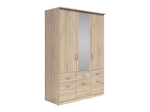 Three-door wardrobe with six drawers BRANDO 3, Sonoma oak/textile