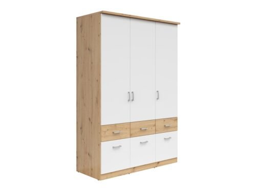 BRANDO 3 three-door wardrobe with six drawers, artificial oak/textile/white