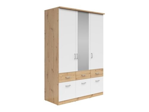 BRANDO 3 three-door wardrobe with six drawers, artificial oak/textile/white