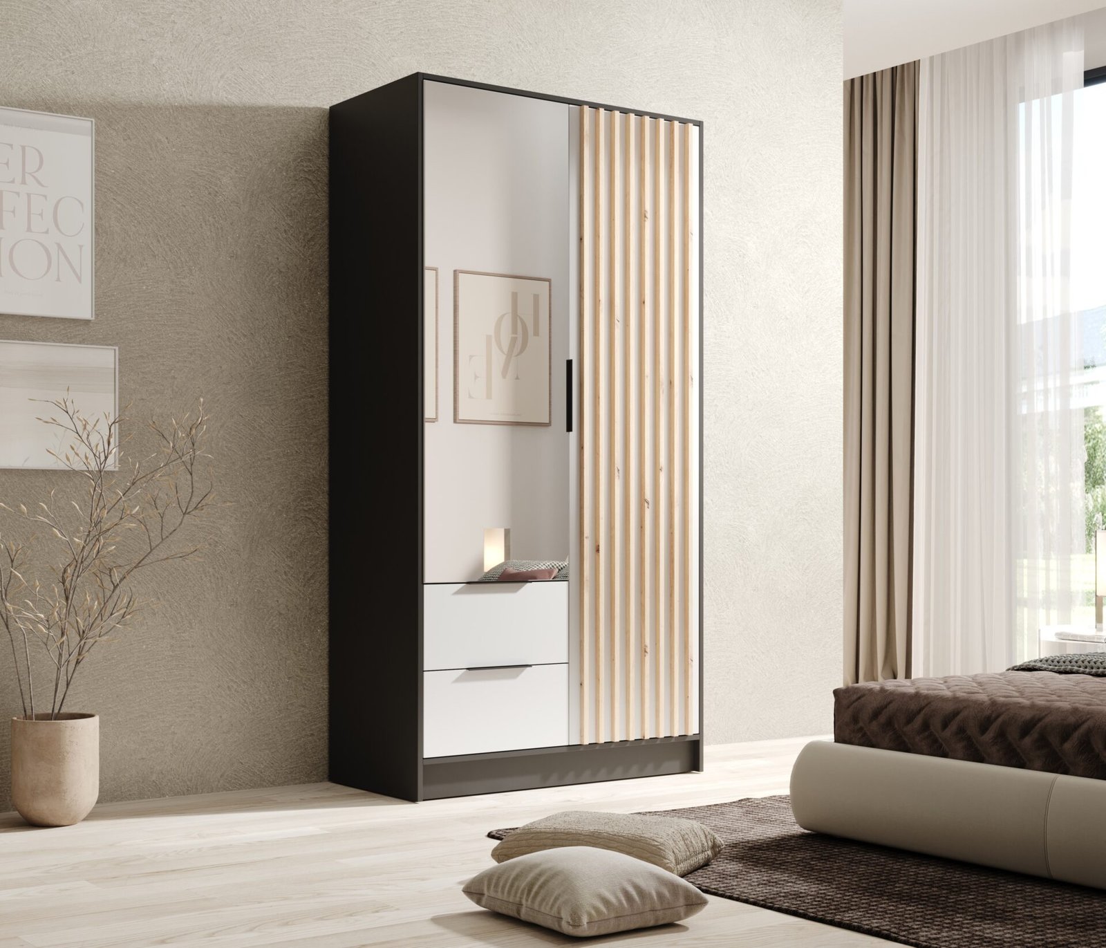 Neri 100 tilting wardrobe with mirrors, black/white, ADRK - Image 2