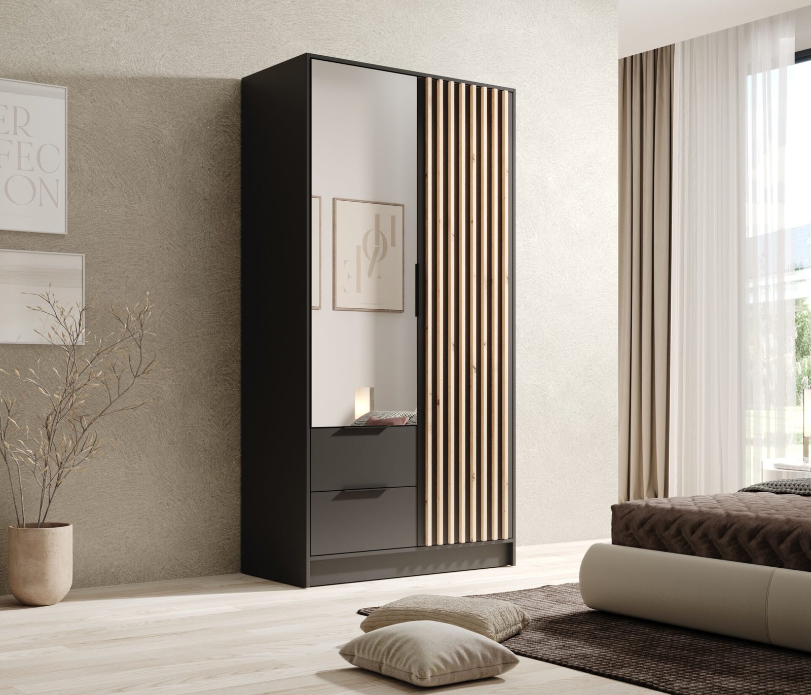 Neri 100 wardrobe with folding mechanism and mirrors, black, ADRK - Image 2