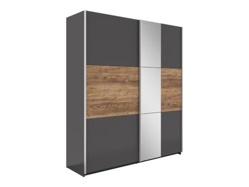 Wardrobe with two sliding doors and mirror KUDO graphite/textile/Appenzell spruce color