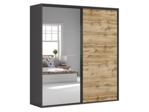 Wardrobe with sliding doors and mirror FLEX 220 cm graphite/wotan oak