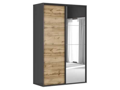 Wardrobe with sliding doors and mirror FLEX 150 cm graphite/wotan oak