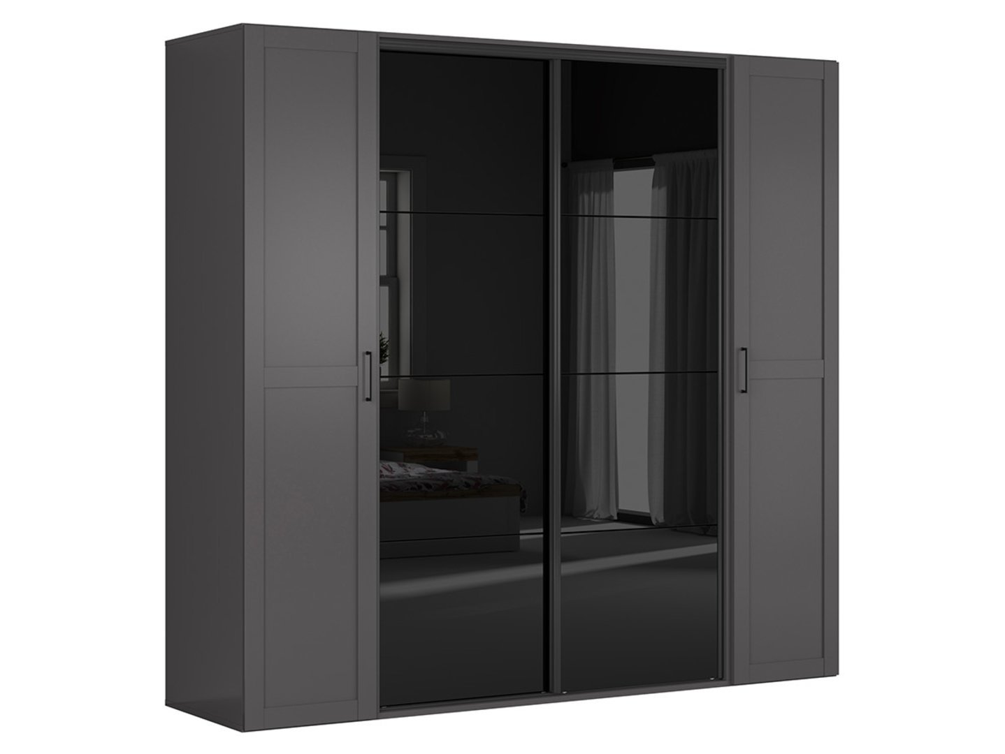 Four-door wardrobe with sliding mirrors FLEX 250 cm graphite/glossy black