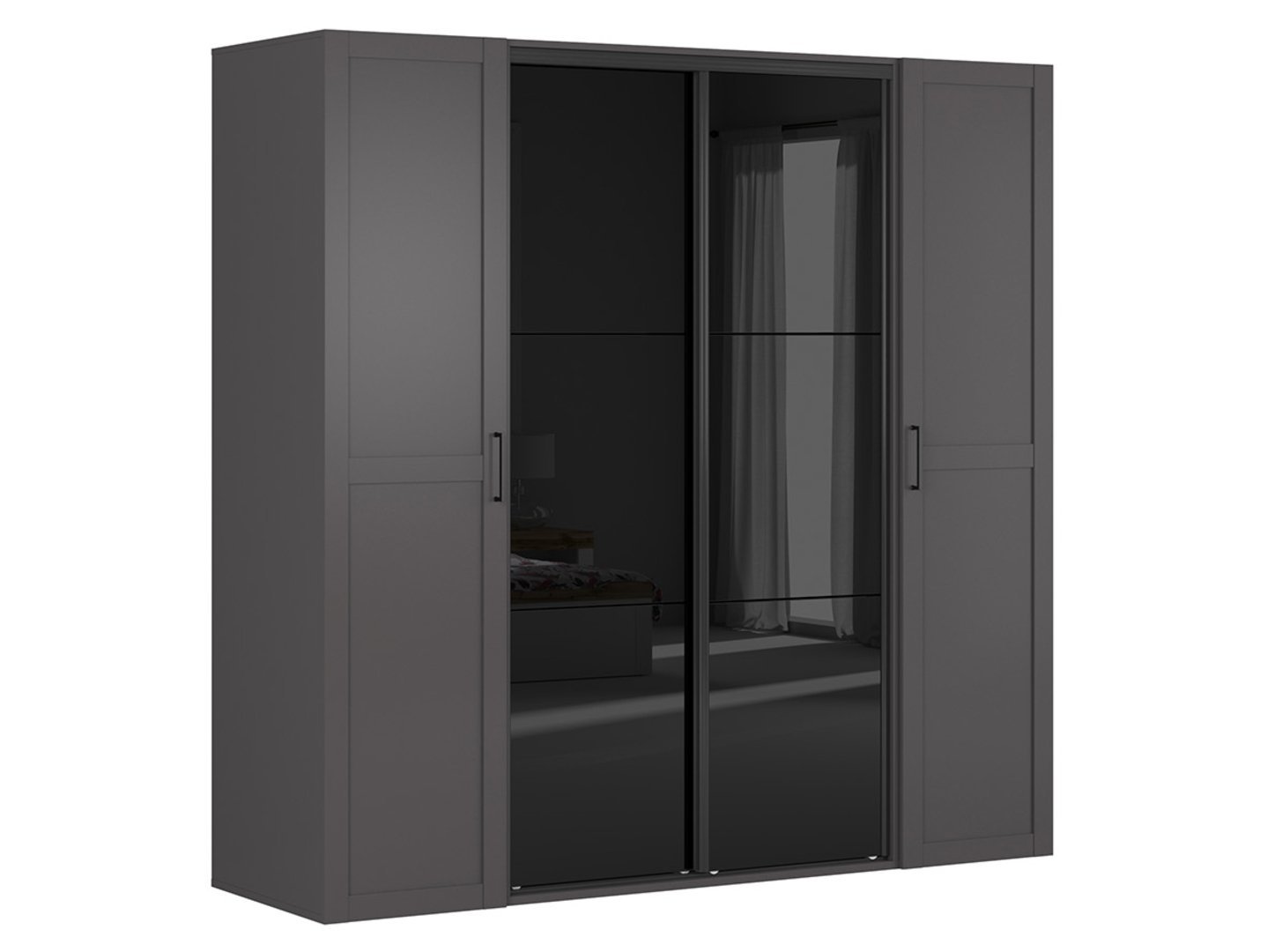 Four-door wardrobe with sliding mirrors FLEX 220 cm graphite/glossy black