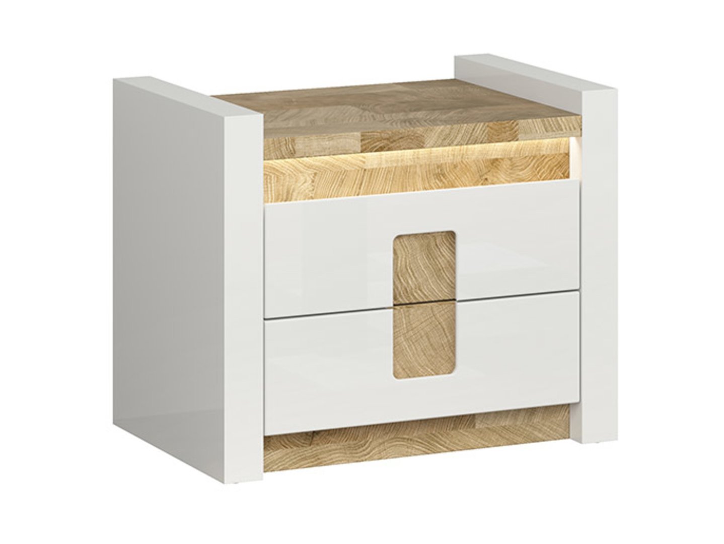 ALAMEDA 62 cm bedside table with two drawers, glossy white/westminster oak