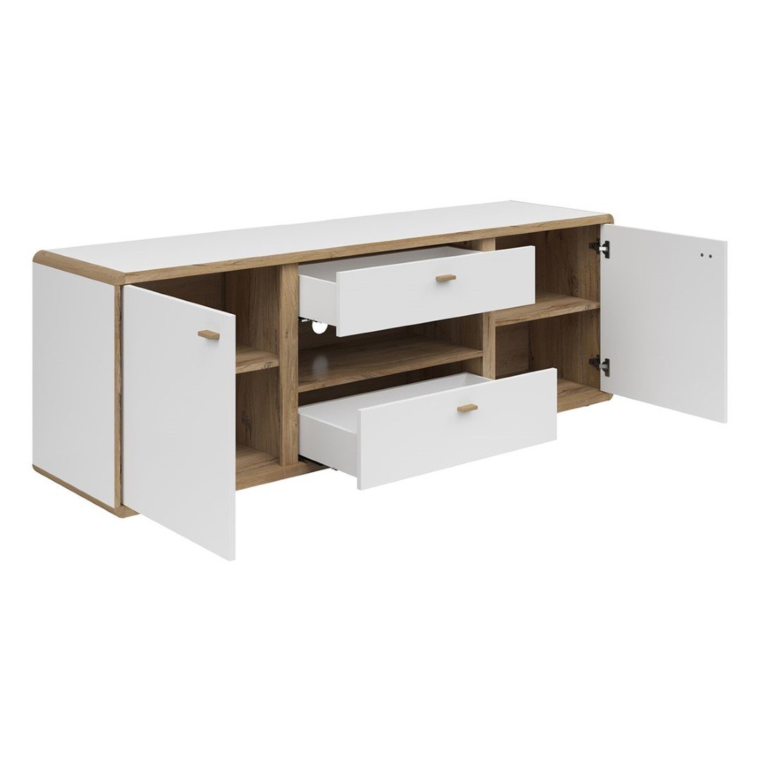 Two-door TV cabinet with two drawers RONDA, 178 cm, light oak flagpole color/white - Image 2