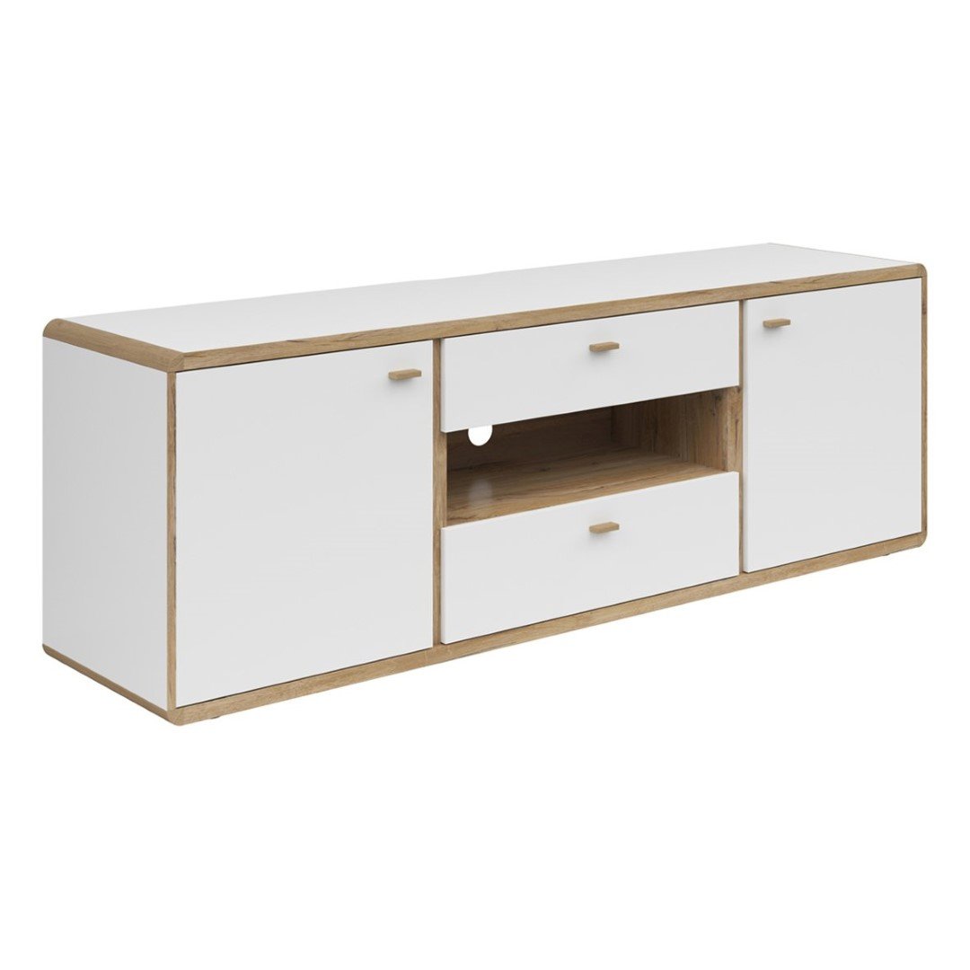 Two-door TV cabinet with two drawers RONDA, 178 cm, light oak flagpole color/white - Image 5