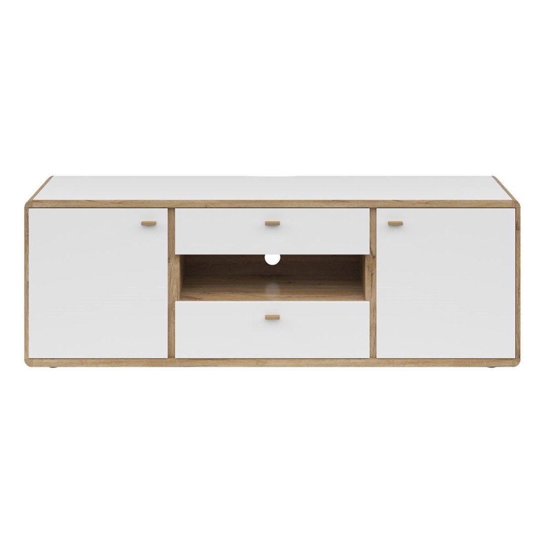 Two-door TV cabinet with two drawers RONDA, 178 cm, light oak flagpole color/white