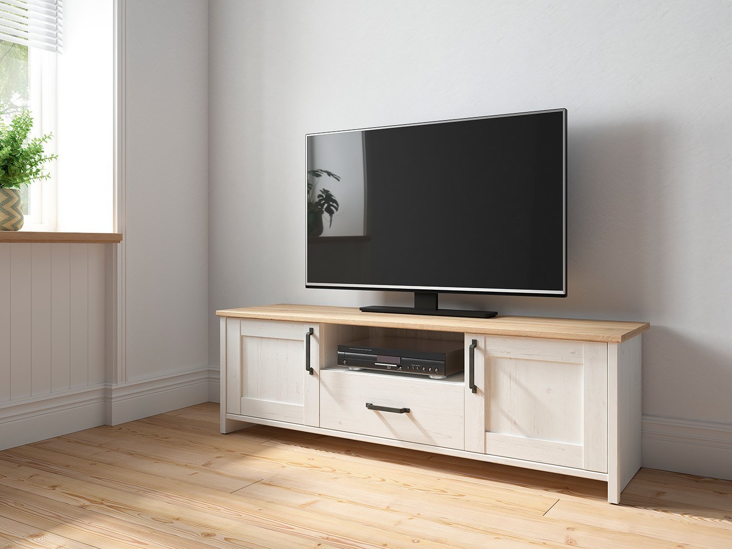 Two-door TV cabinet with drawer LOKSA, 160 cm, Andersen pine, white - Image 3