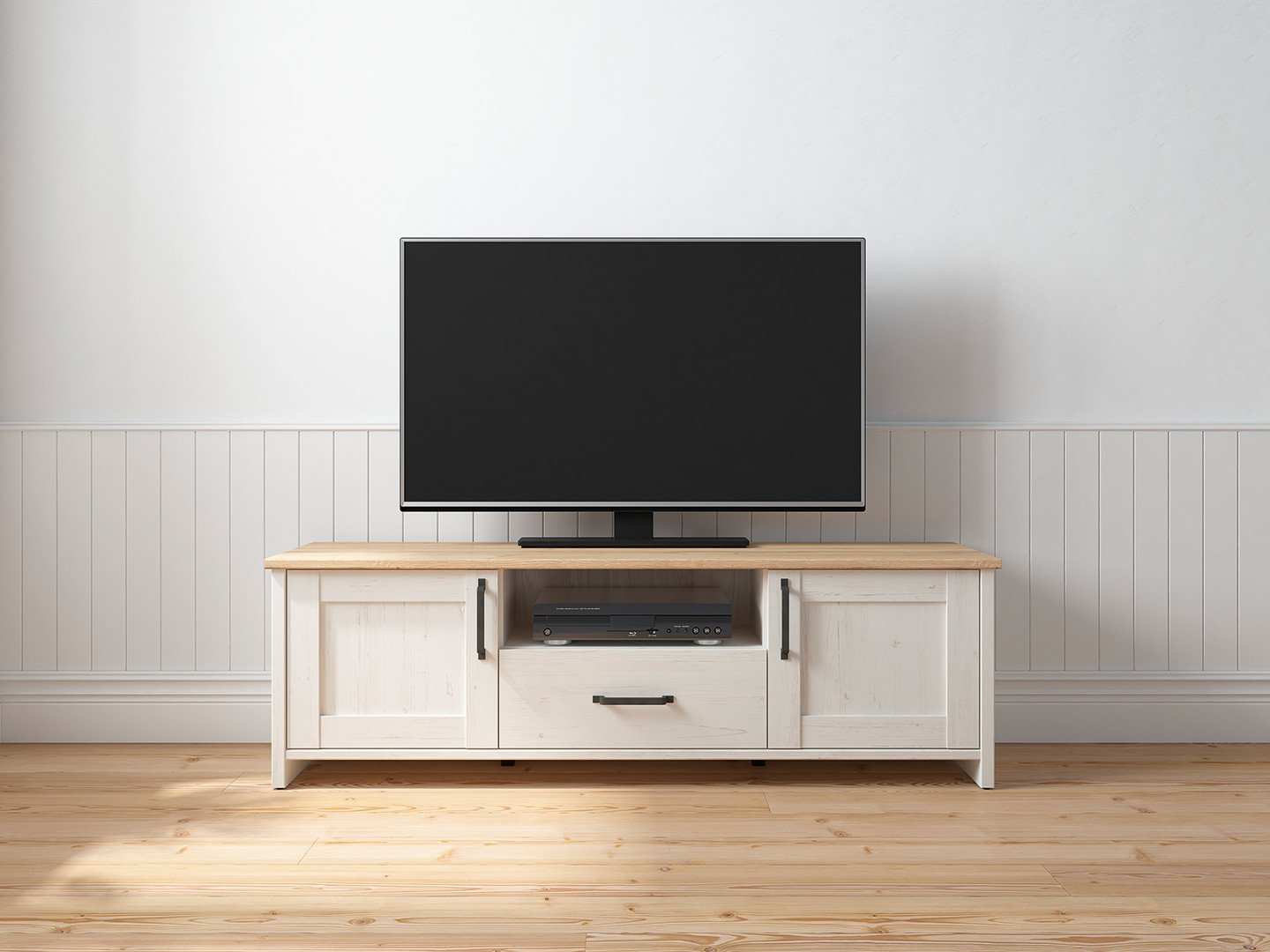 Two-door TV cabinet with drawer LOKSA, 160 cm, Andersen pine, white - Image 4