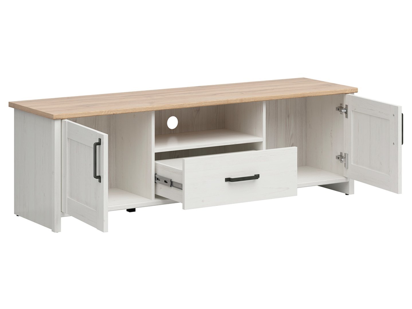 Two-door TV cabinet with drawer LOKSA, 160 cm, Andersen pine, white