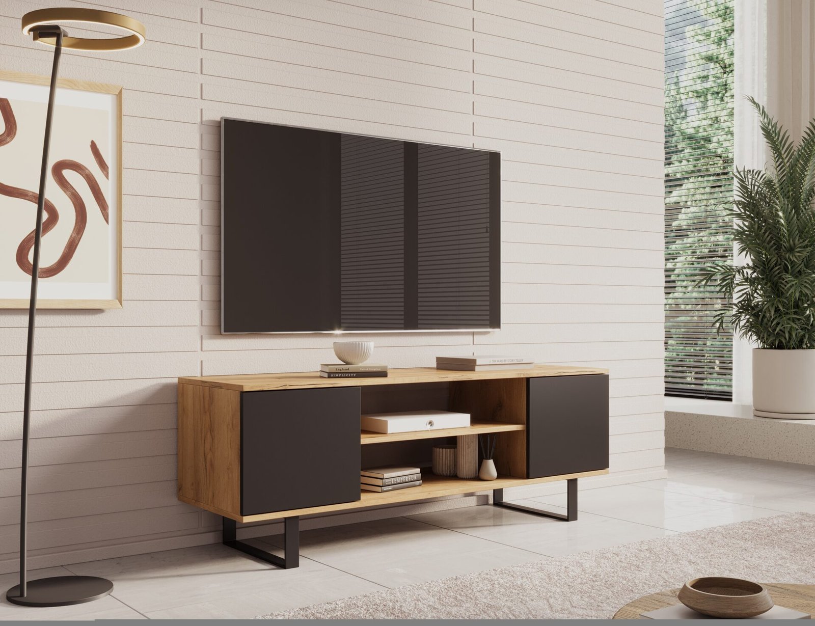 Lofter TV cabinet, 135 cm, oak/black, ADRK - Image 2