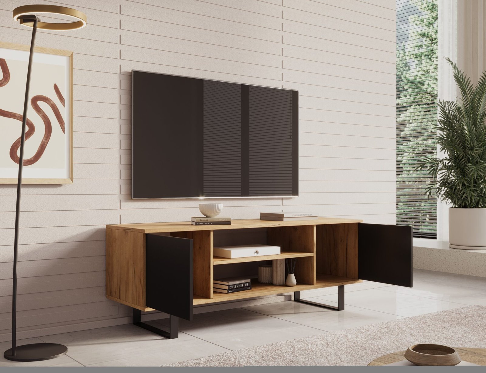 Lofter TV cabinet, 135 cm, oak/black, ADRK - Image 3