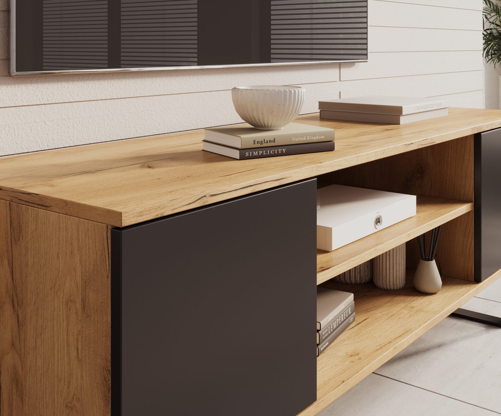 Lofter TV cabinet, 135 cm, oak/black, ADRK - Image 4