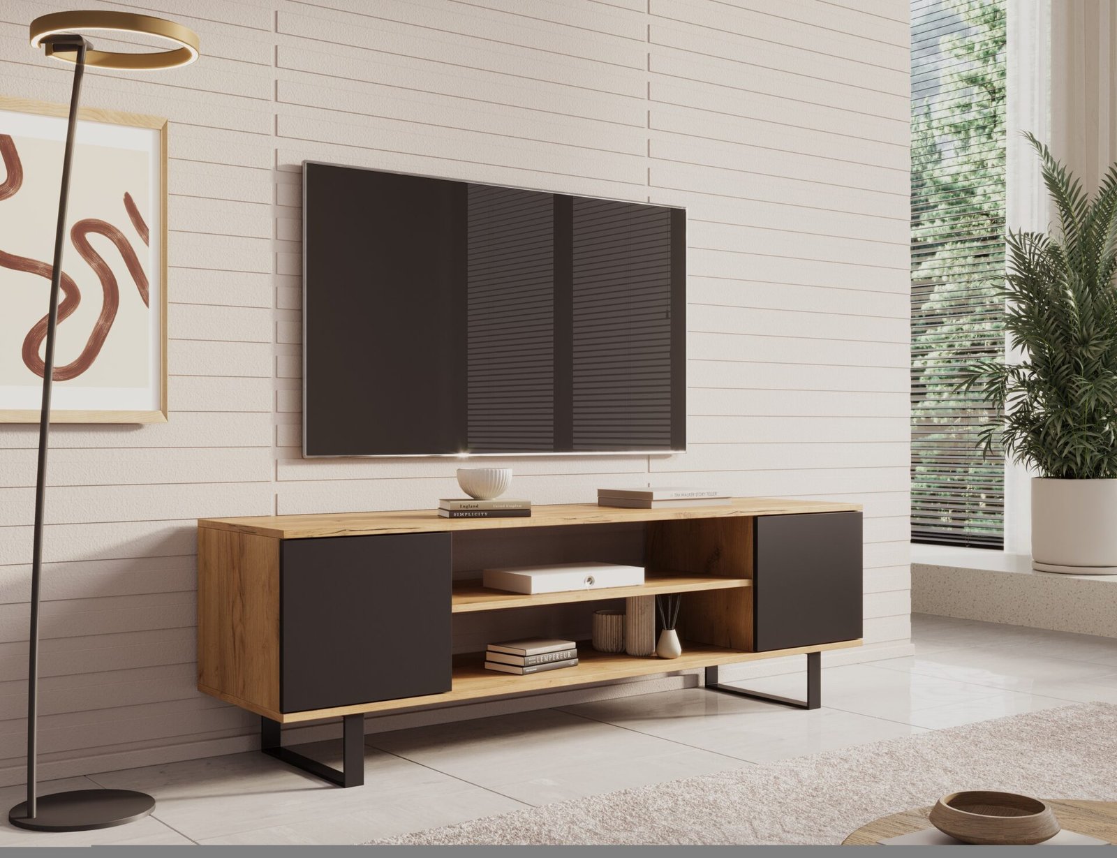 Lofter TV cabinet, 155 cm, oak/black, ADRK - Image 2