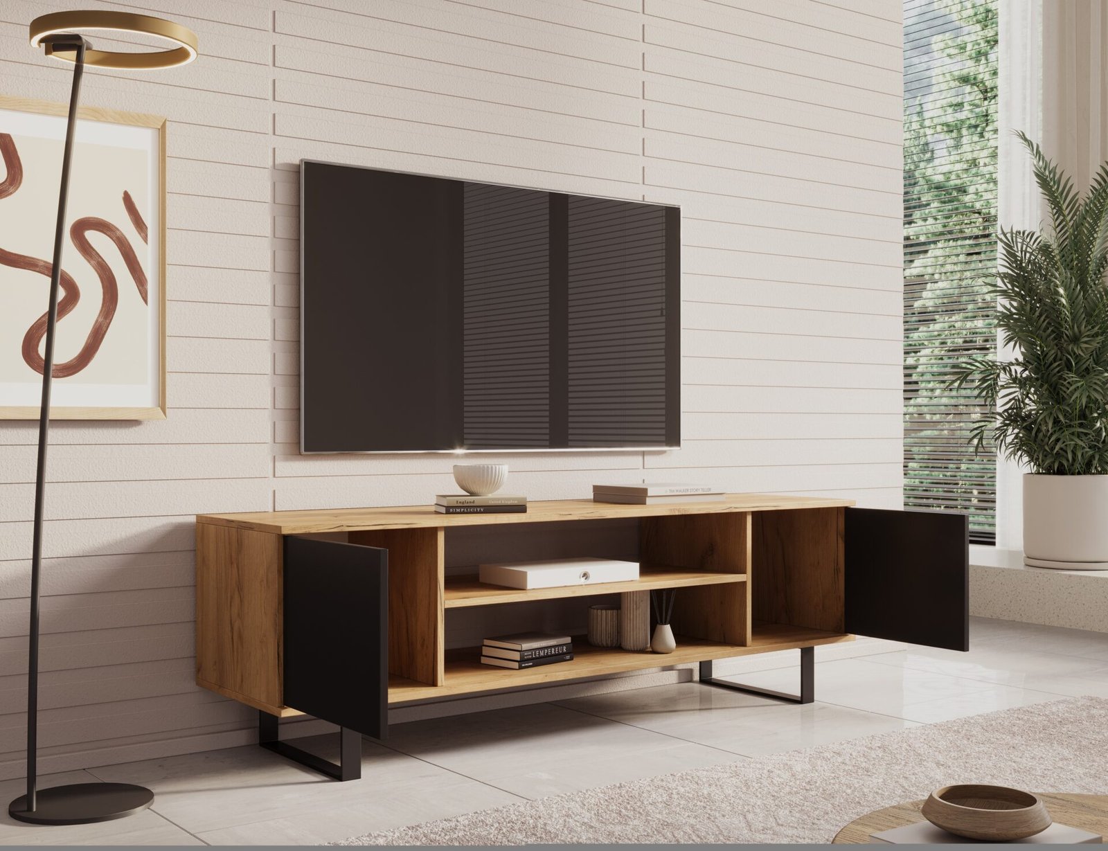 Lofter TV cabinet, 155 cm, oak/black, ADRK - Image 3