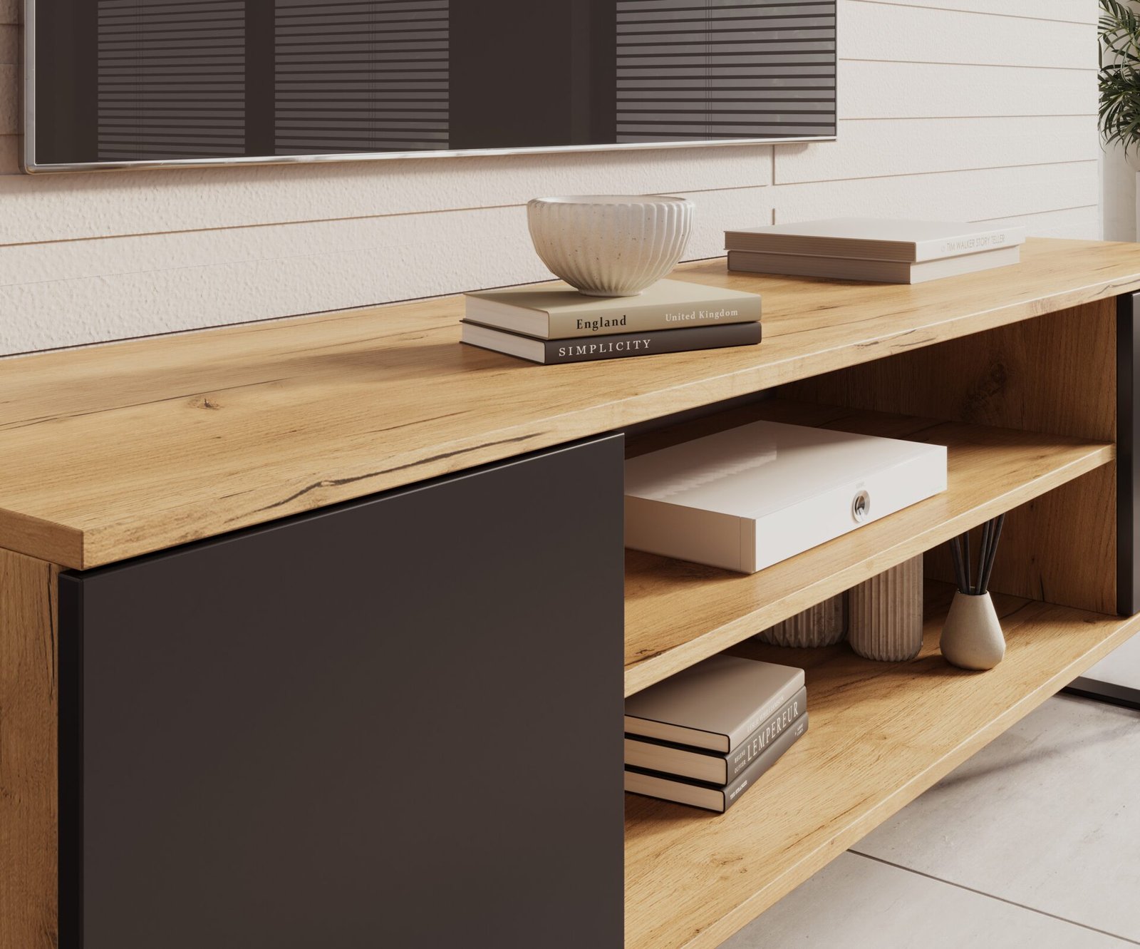 Lofter TV cabinet, 155 cm, oak/black, ADRK - Image 4