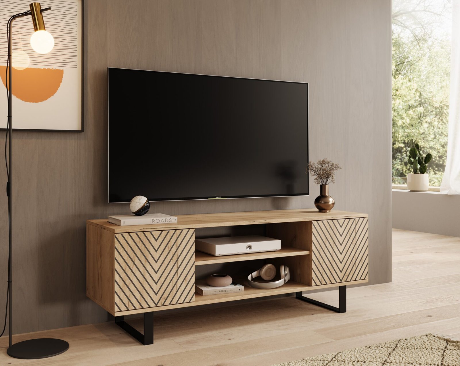 Lorello "Herringbone" TV cabinet, 135 cm, oak color, ADRK - Image 2