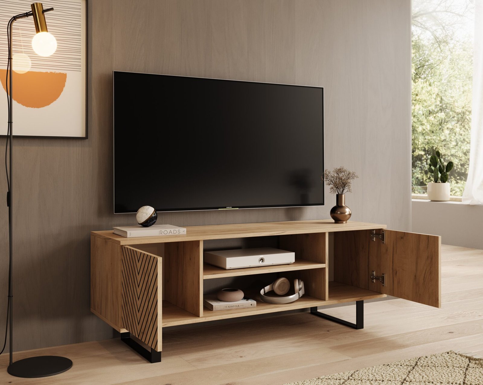 Lorello "Herringbone" TV cabinet, 135 cm, oak color, ADRK - Image 3