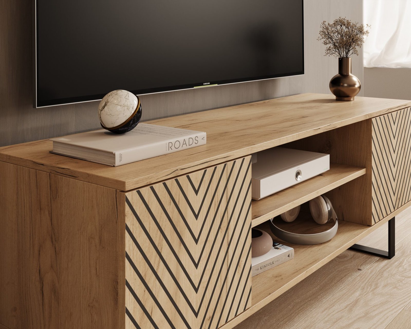 Lorello "Herringbone" TV cabinet, 135 cm, oak color, ADRK - Image 4