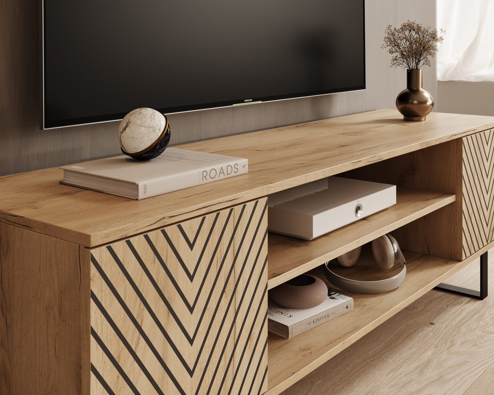 Lorello "Herringbone" TV cabinet, 155 cm, oak color, ADRK - Image 4