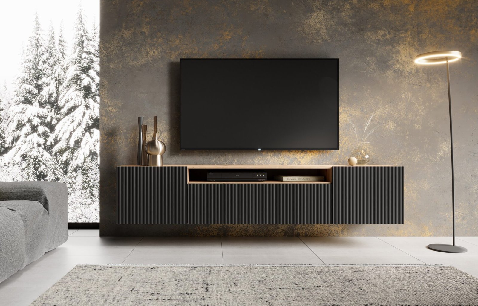 NOEMI TV cabinet, wall-mounted, black/Artisan ADRK - Image 3