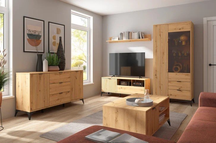 LAMEA TV cabinet with doors and drawer, 135 cm, artificial oak color - Image 4