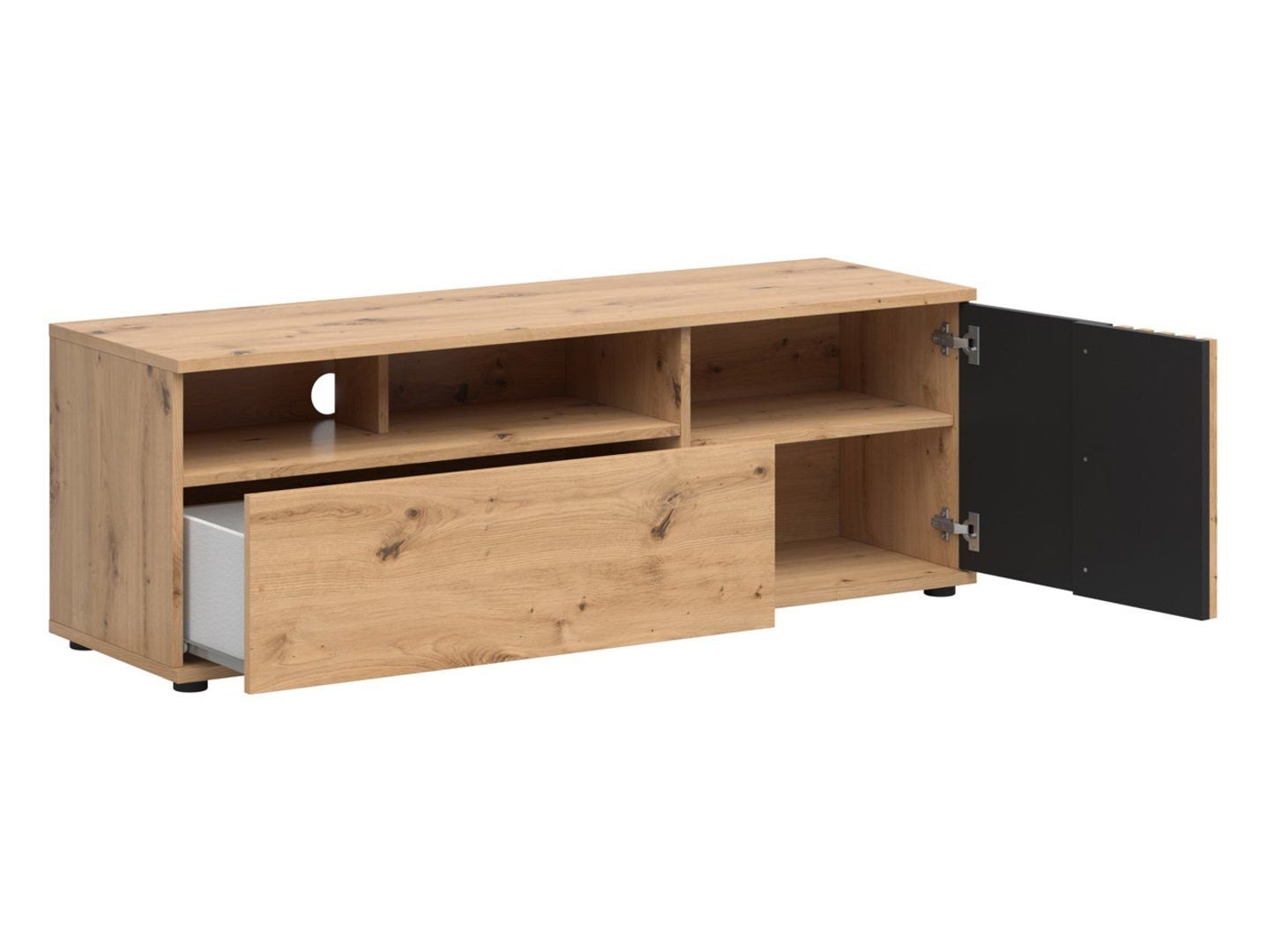 Vabres TV cabinet with door and drawer 135 cm, oak imitation, slats - Image 2