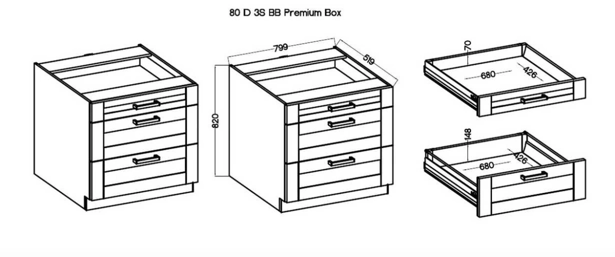 Base cabinet 80 cm with drawers Lara Grey 80 D3S BB Quadro - Image 6