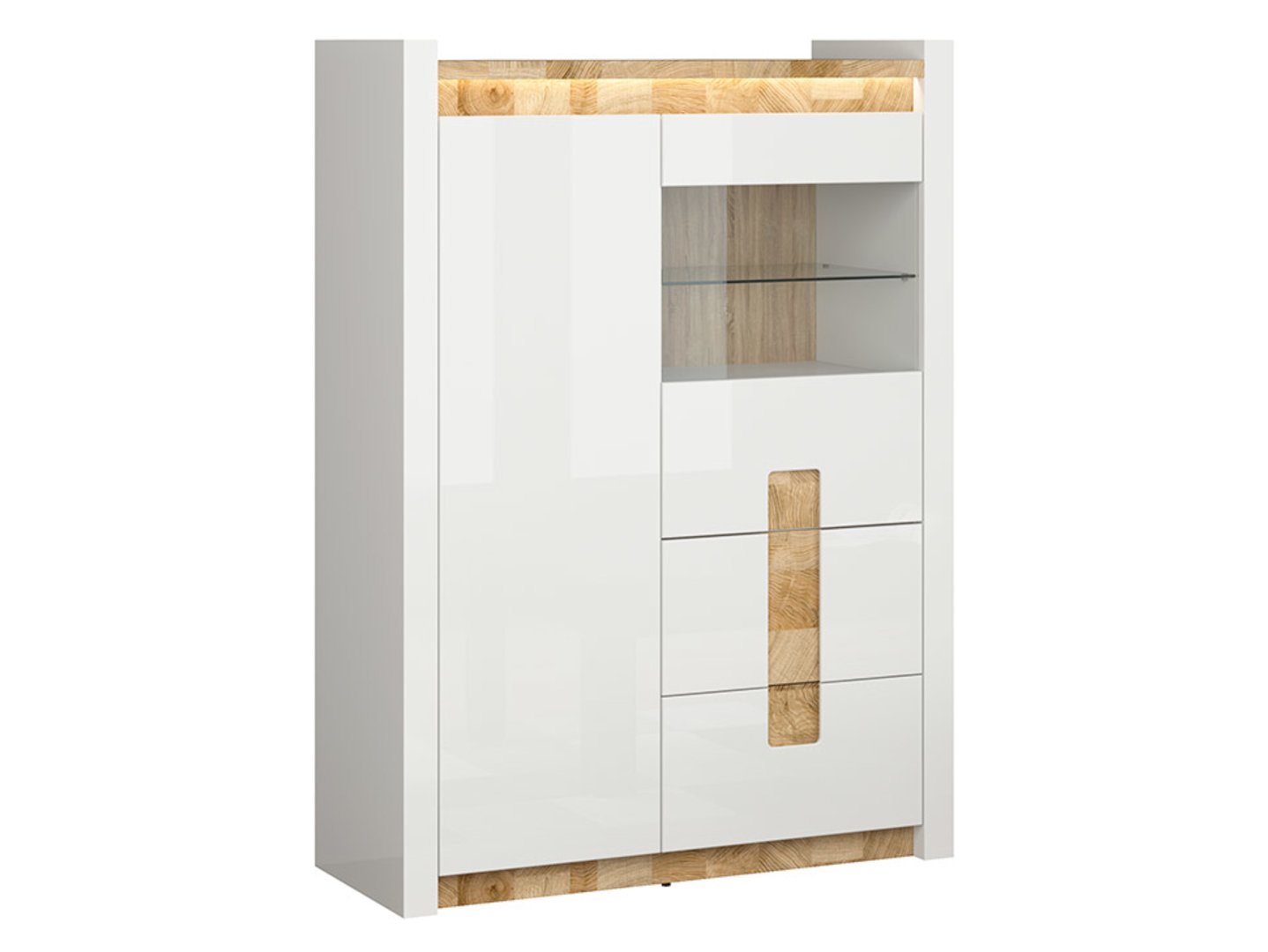 Low single-door display cabinet with two drawers ALAMEDA 102 cm, glossy white/westminster oak