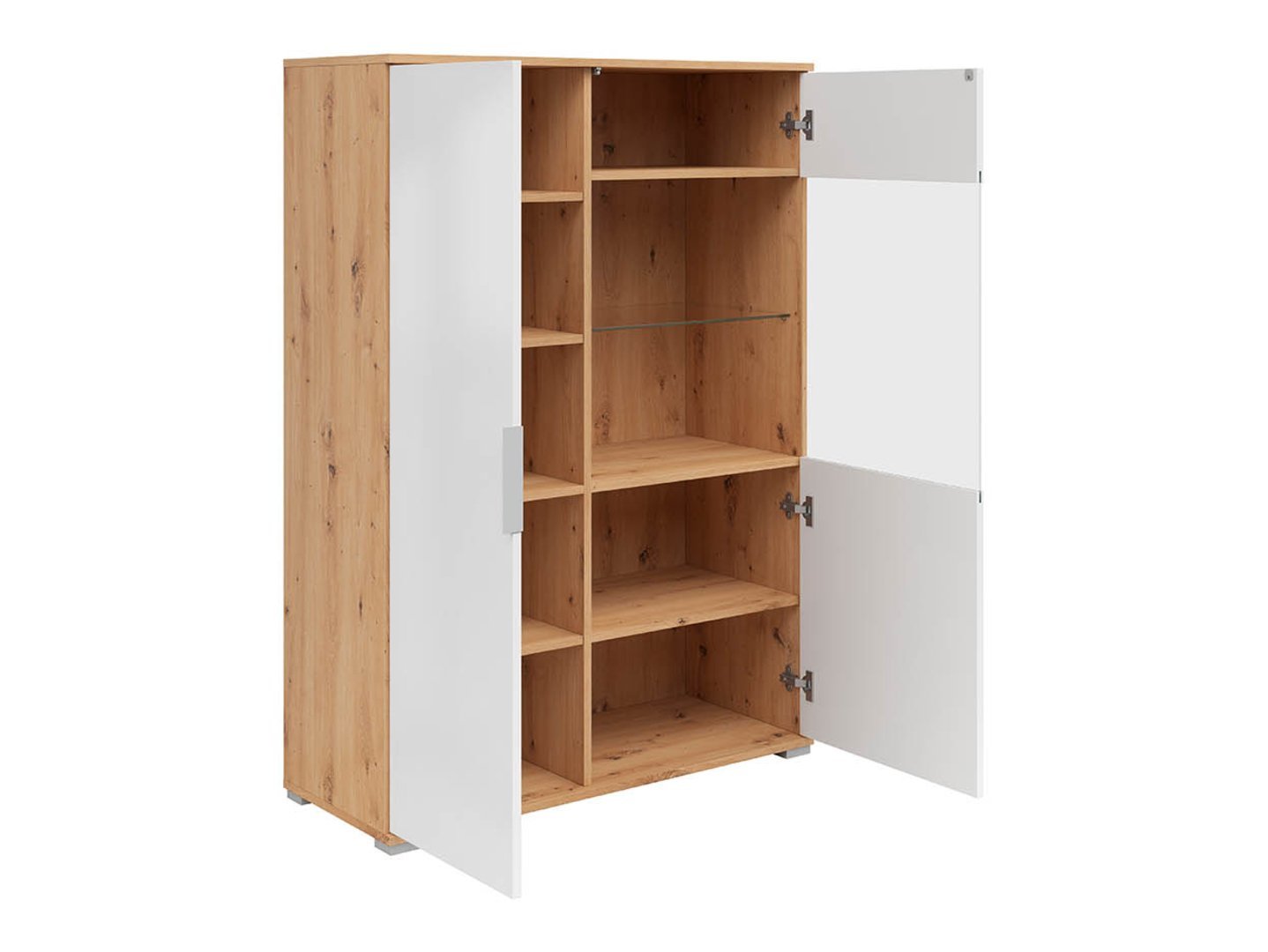ZELE low single-door display cabinet with glass front, 90 cm, faux oak / glossy white - Image 2