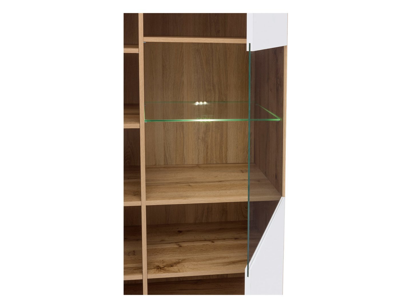 Low single-door display cabinet with glass front ZELE 90 cm Wotan oak/glossy white - Image 3