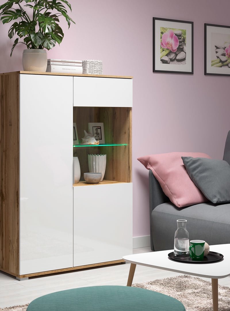 Low single-door display cabinet with glass front ZELE 90 cm Wotan oak/glossy white - Image 4
