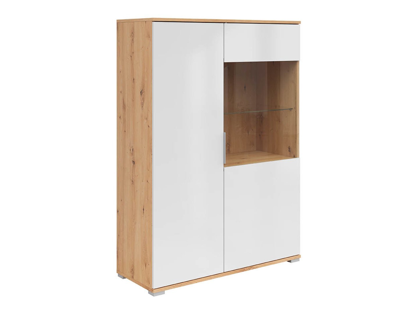 ZELE low single-door display cabinet with glass front, 90 cm, faux oak / glossy white - Image 5