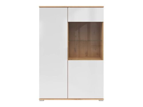 ZELE low single-door display cabinet with glass front, 90 cm, faux oak / glossy white