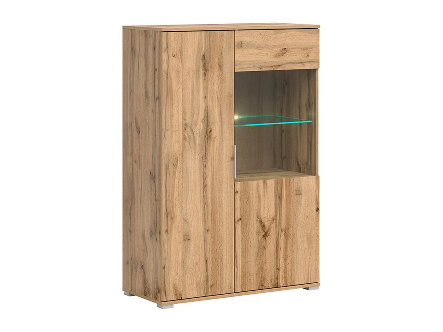 Low single-door display cabinet with glass front ZELE 90 cm Wotan oak/glossy white