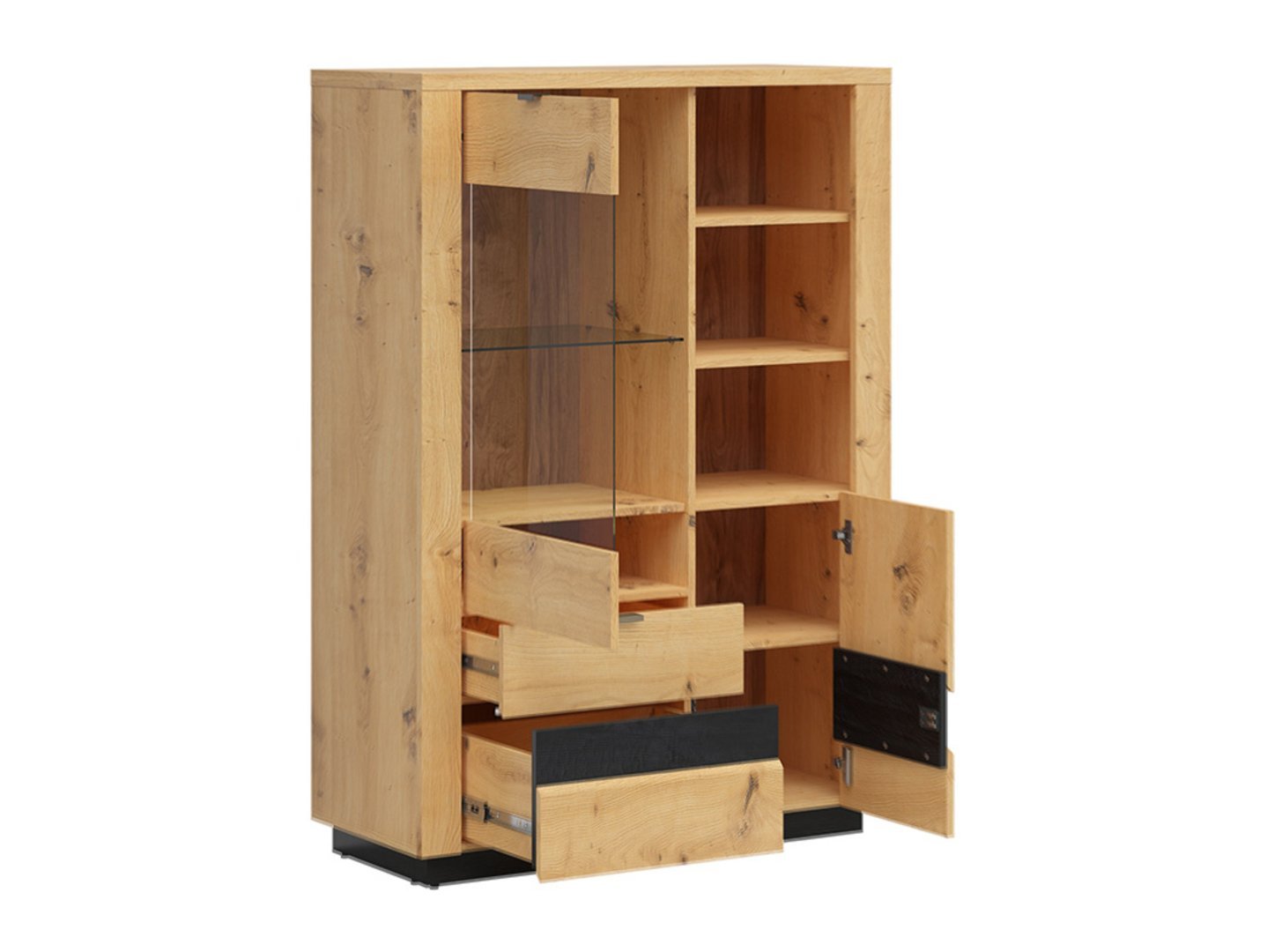 Low single-door display cabinet with glass and two drawers OSTIA 100.5 cm, imitation of artificial oak/glossy black