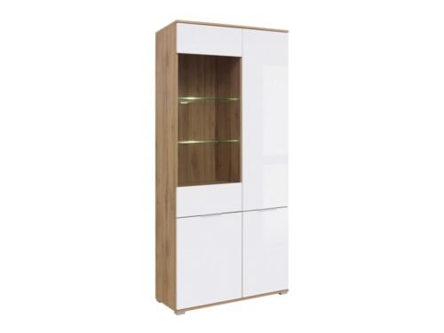 ZELE three-door display cabinet with glass front, 90 cm, Wotan oak/glossy white