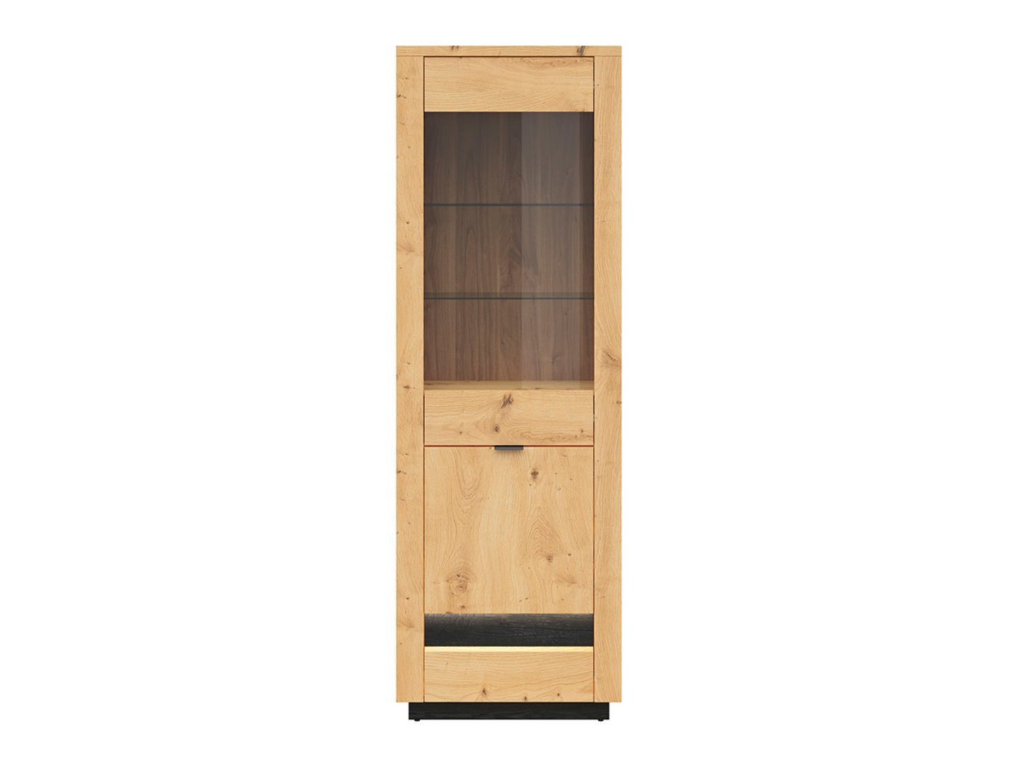 Tall single-door display cabinet with glass OSTIA 66.5 cm, artistic oak color/glossy black color