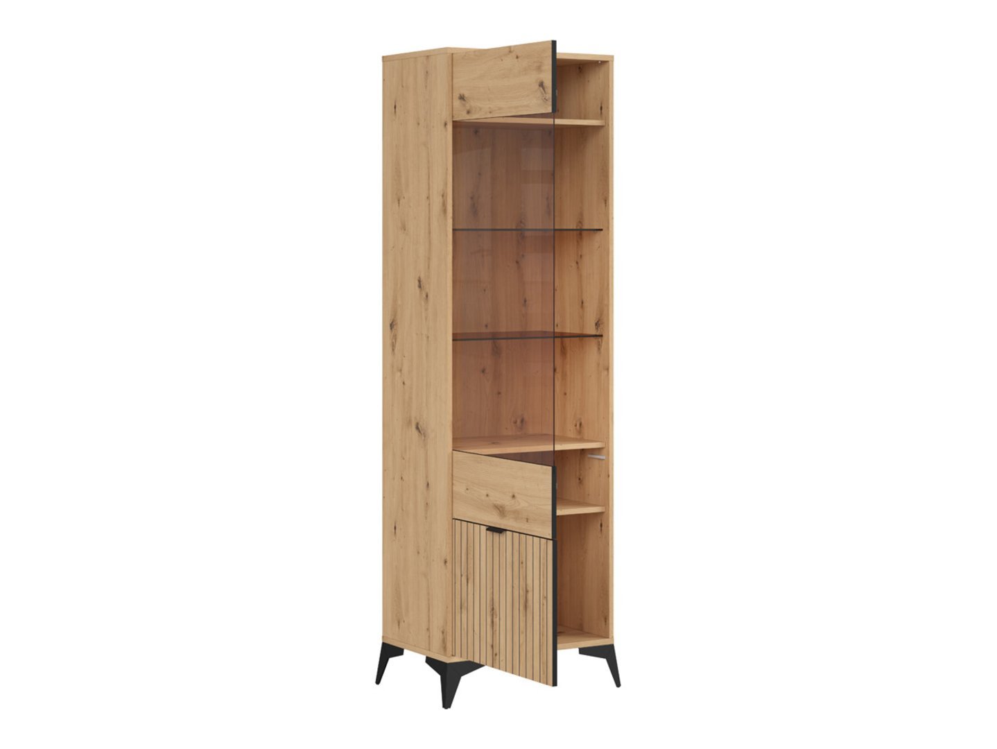 Tall display case with glass doors LAMEA 60 cm, artificial oak color