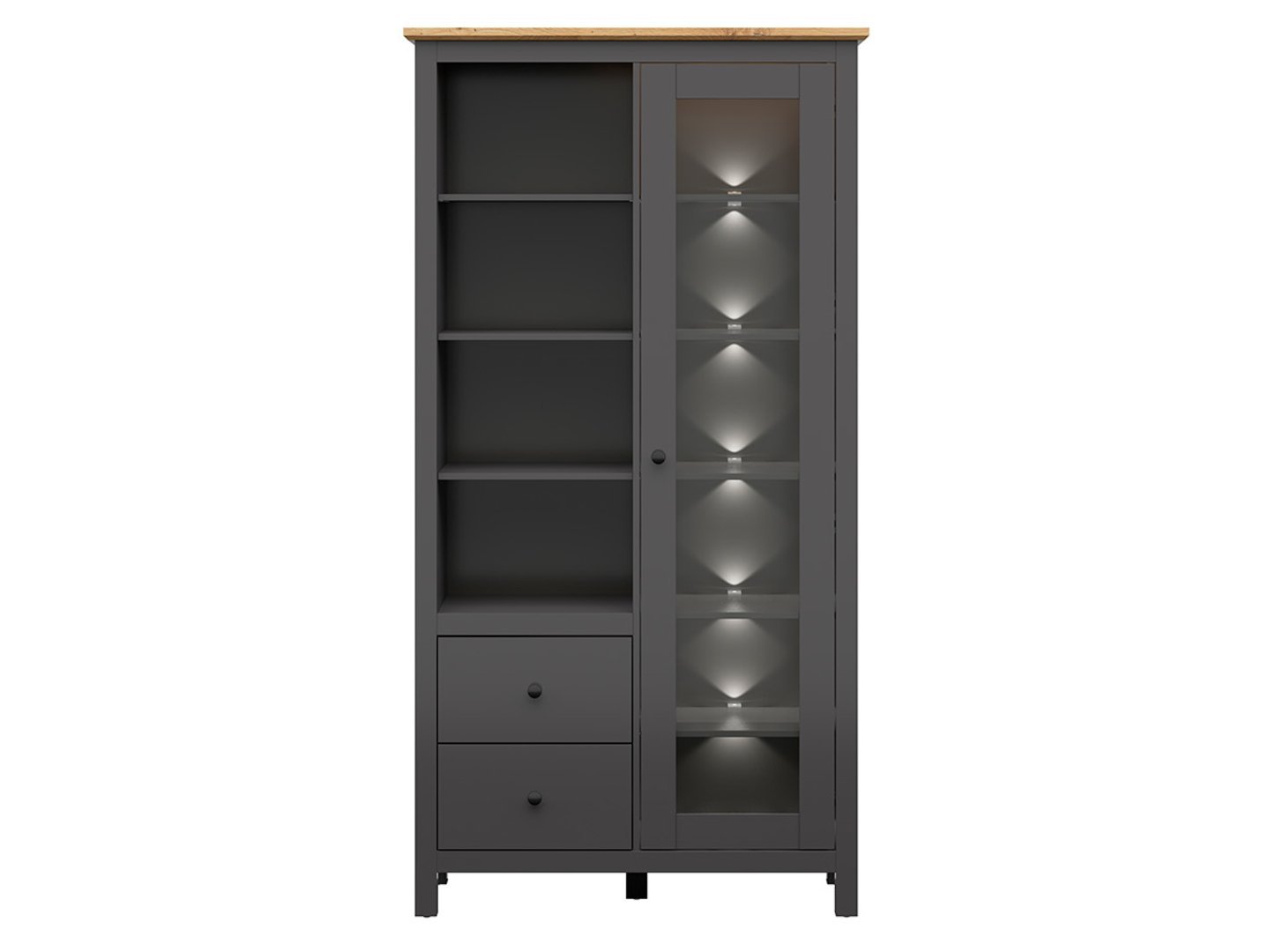 HESEN display cabinet with shelf and two drawers, 106 cm, graphite/artisan oak - Image 2