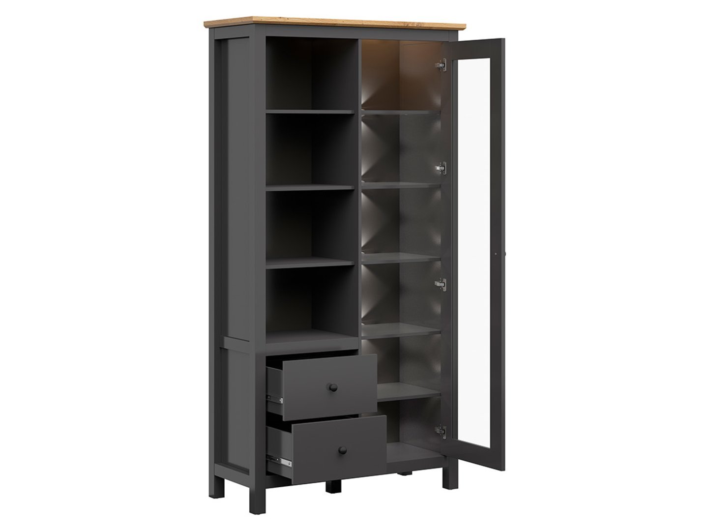 HESEN display cabinet with shelf and two drawers, 106 cm, graphite/artisan oak - Image 3
