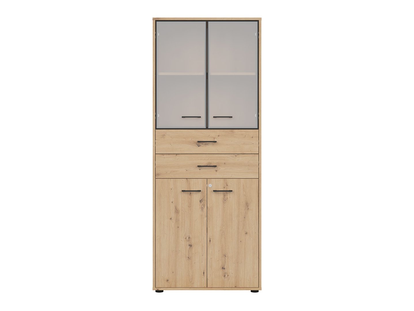 Closed two-door display cabinet with two drawers SPACE OFFICE 80 cm, artistic oak color/matte black color - Image 2