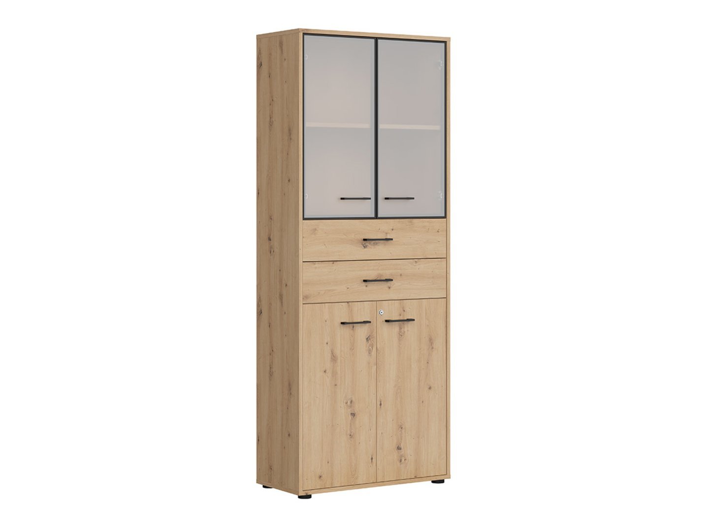 Closed two-door display cabinet with two drawers SPACE OFFICE 80 cm, artistic oak color/matte black color - Image 5